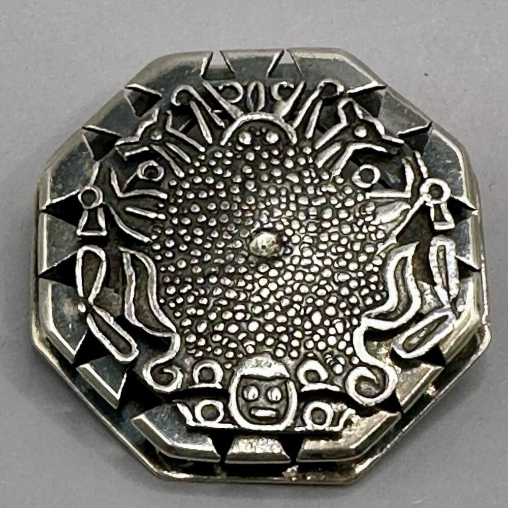 Inca Sun God Inti Octagonal Brooch Cosmology Design 925 Peru Sterling Silver